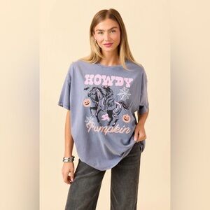 Pink Lily Howdy Pumpkin Dusty Navy Oversized Graphic Tee